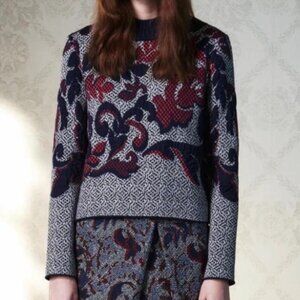 Tory Burch Intarsia Floral Heavy Wool Blend Sweater Size XS
